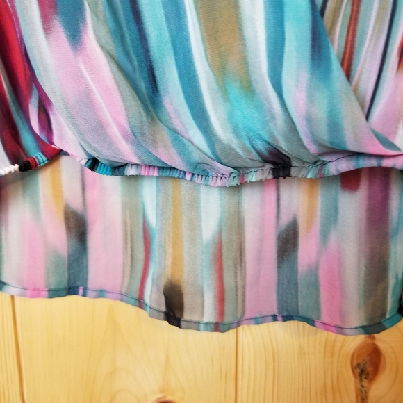 Bisou Bisou Multi Color Stripe Faux Wrap Cinched Front Long Sleeve Sheer Top - Picture 4 of 14